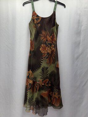Tropical Floral Print Midi Dress By Sangria 10 Olive & Orange Polyester